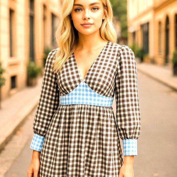 DEFECT-Molby the Label Mini Dress Womens 4 Gingham Brown and Light Blue - Picture 3 of 16